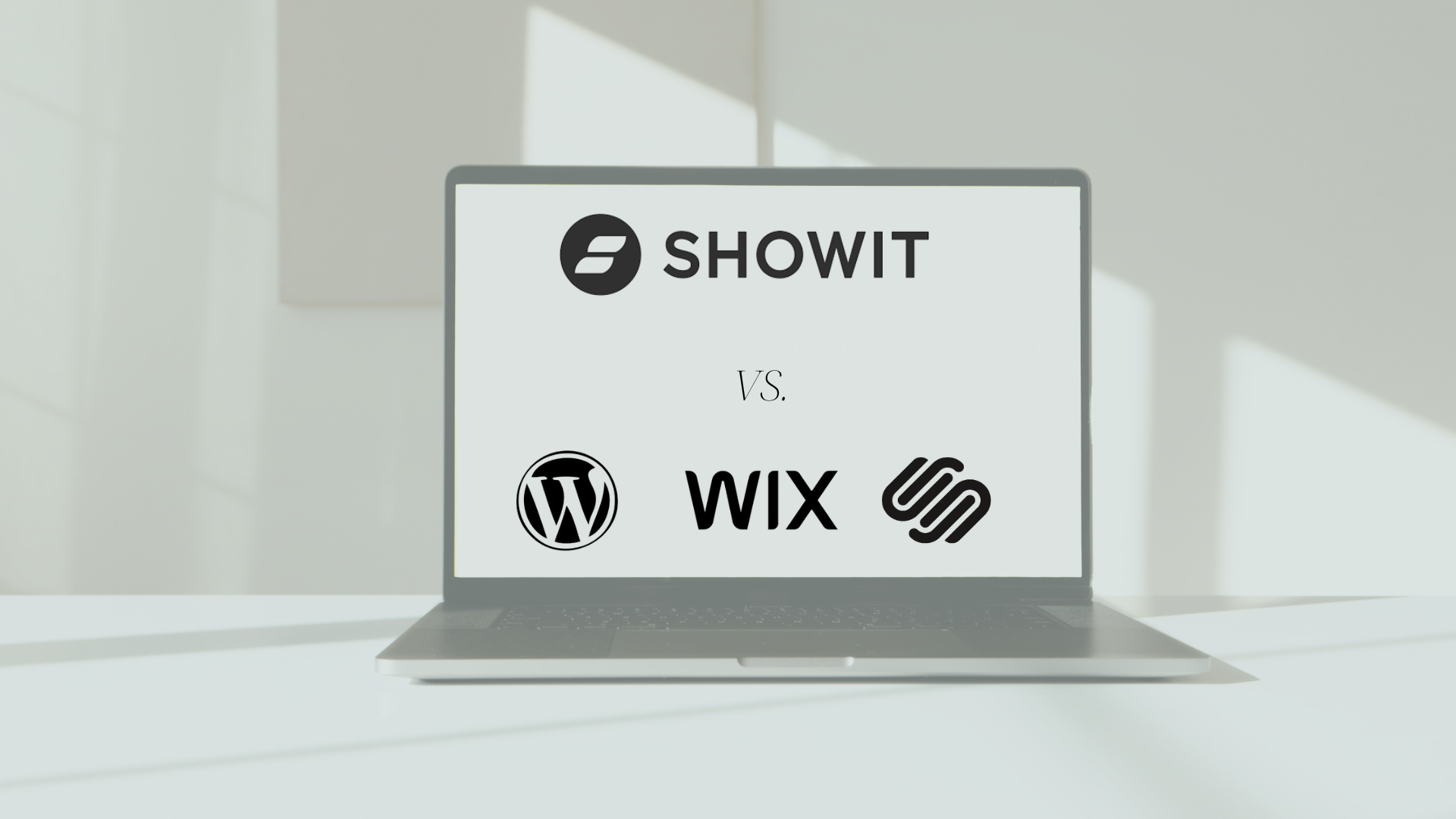 Laptop background displaying logos for Showit, Wix, WordPress and Squarespace