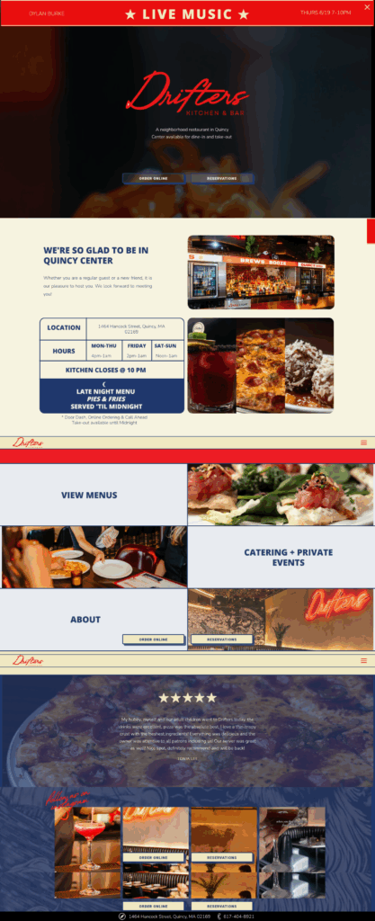 Full page screenshot of Drifter's Kitchen + Bar website home page design